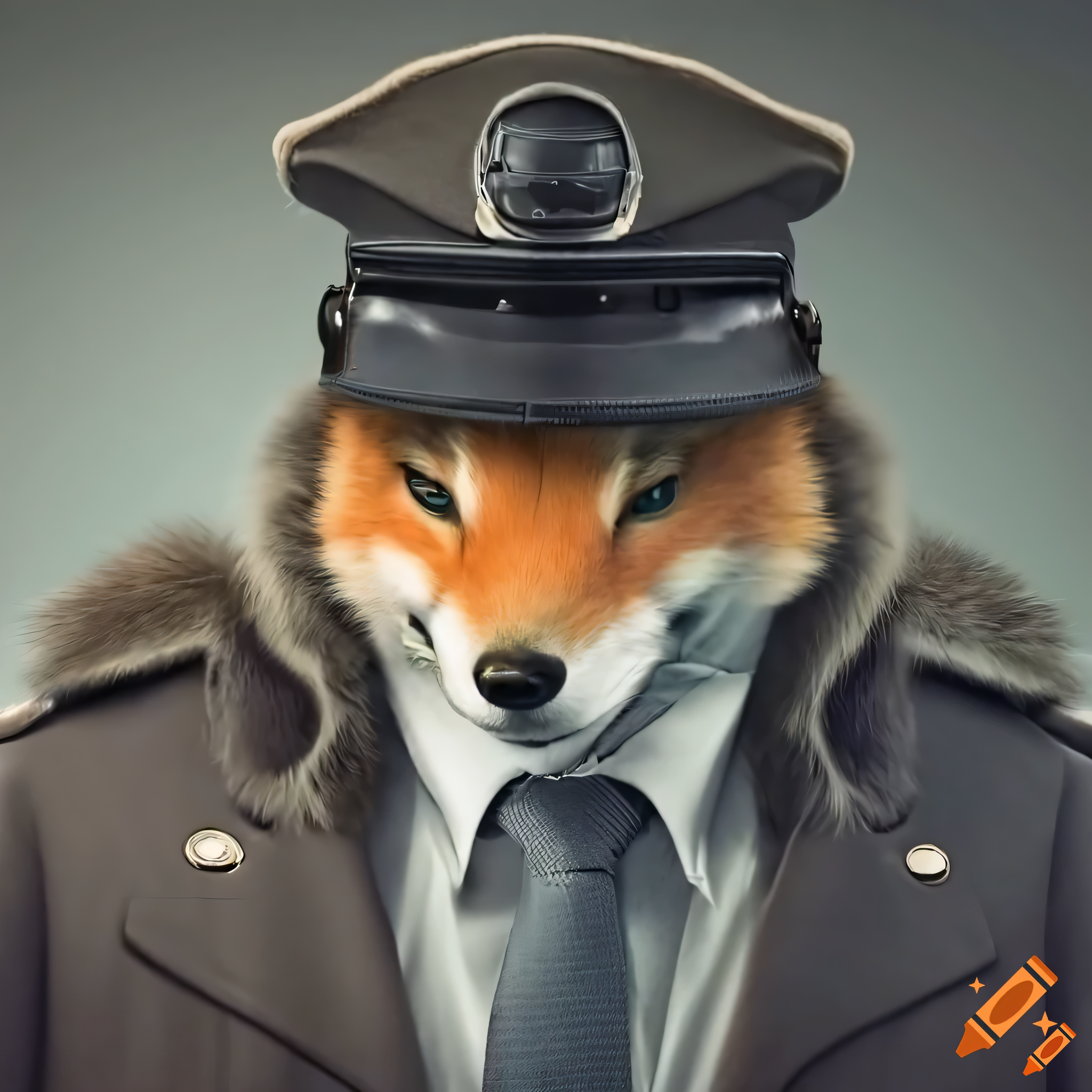 A well-dressed fox security guard standing at attention in his sharp uniform, fine details, peaked cap, fur collar security jacket, high resolution 4k